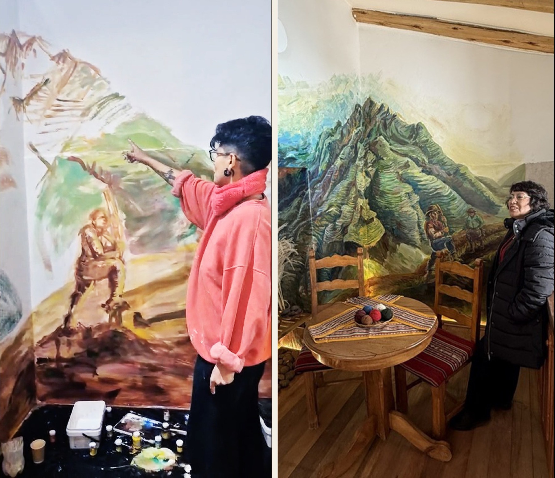 The house's mountain mural, with the artist at work and finished