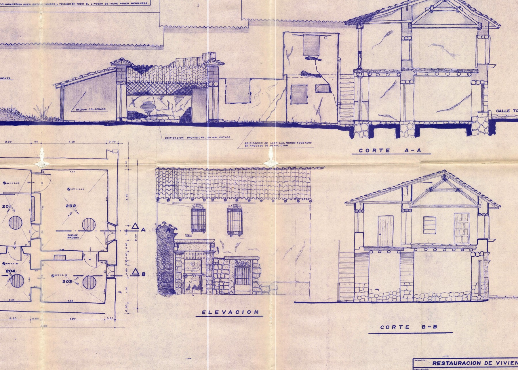 Restoration drawings of the house: plan, elevation and sections