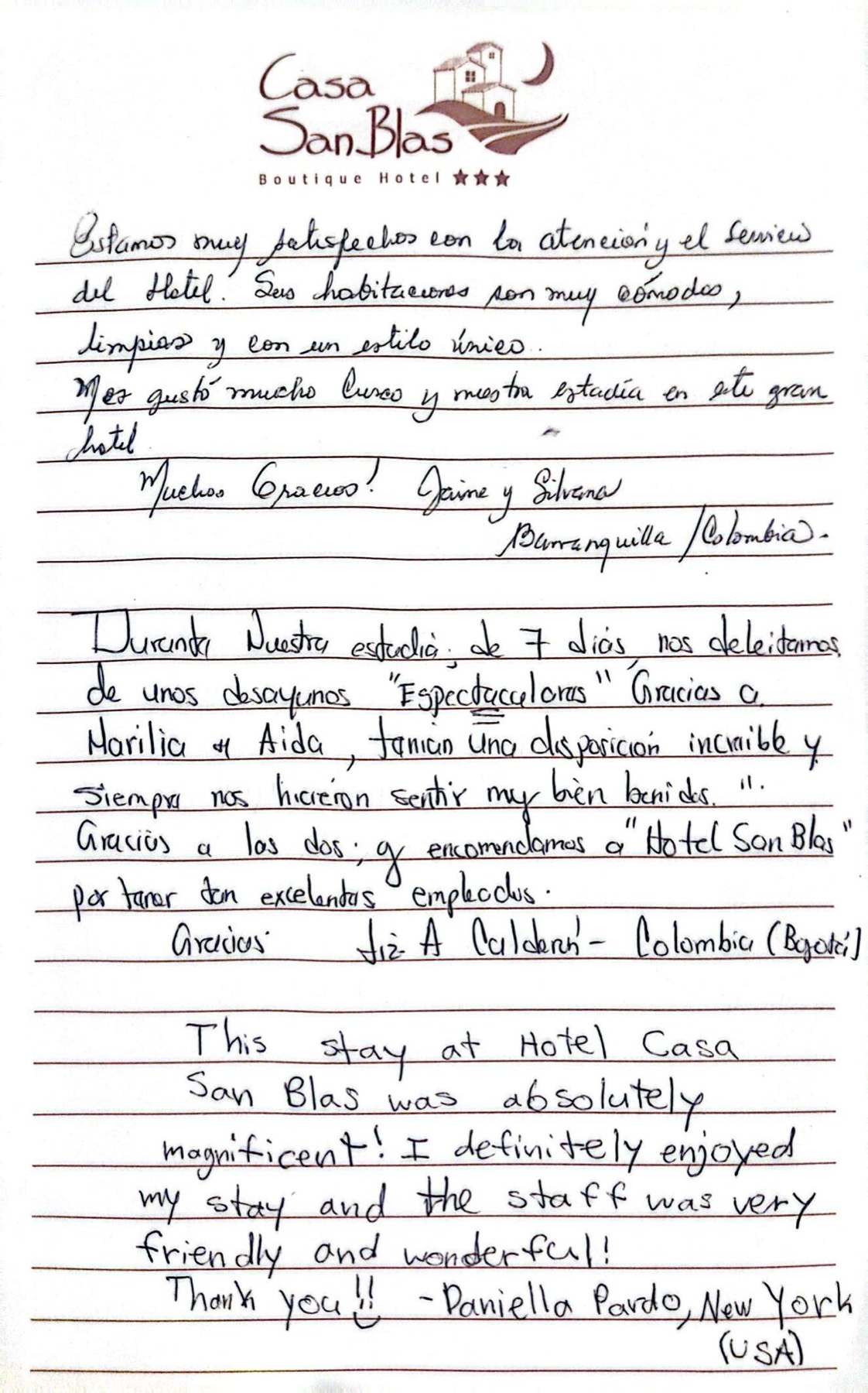 A guest's handwritten testimonial