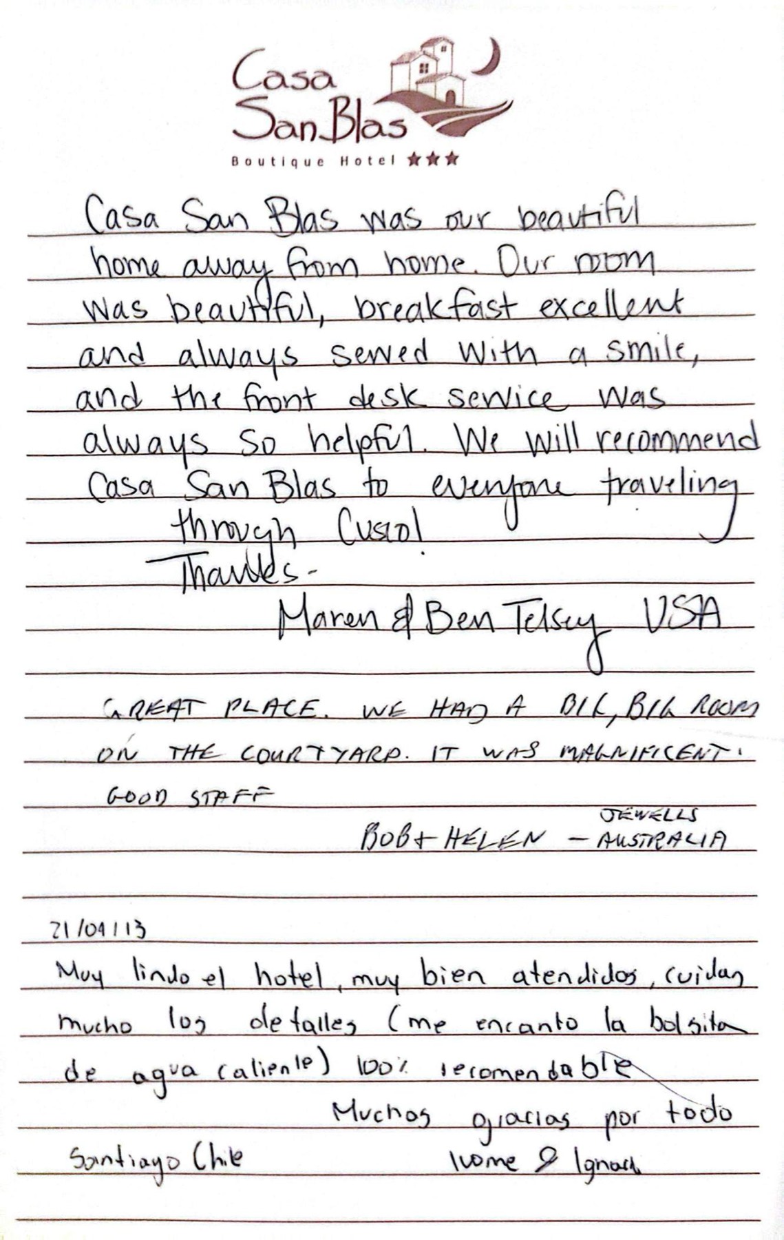 A guest's handwritten testimonial