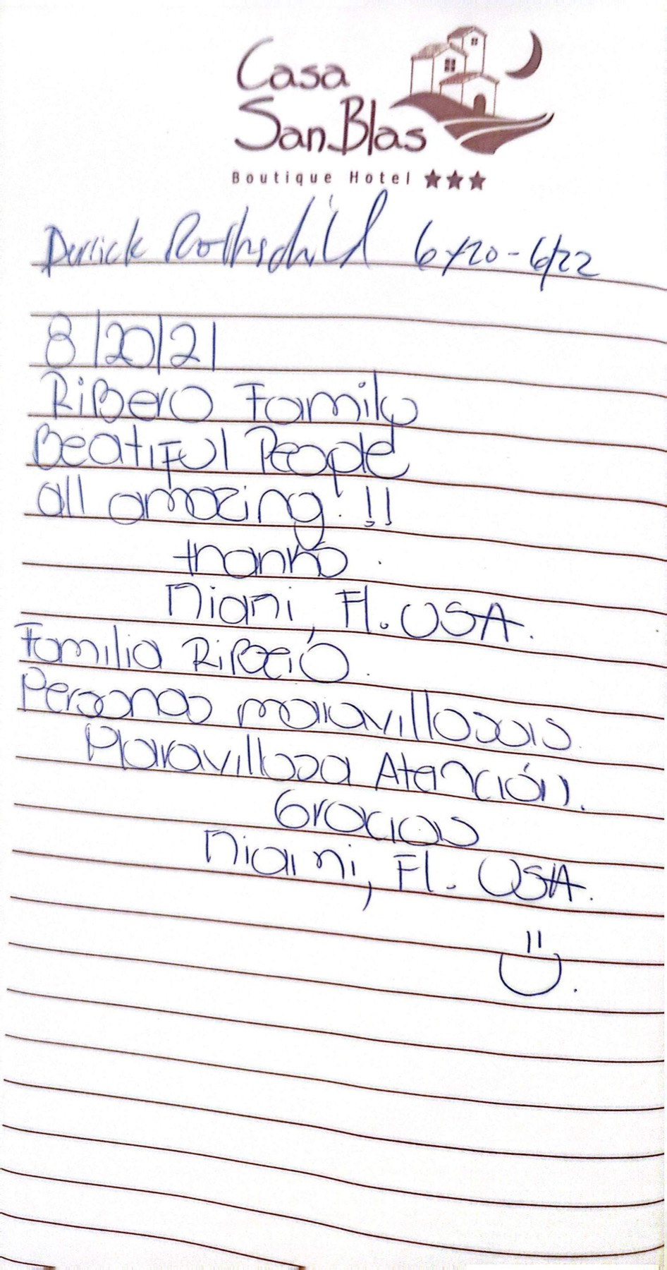 A guest's handwritten testimonial