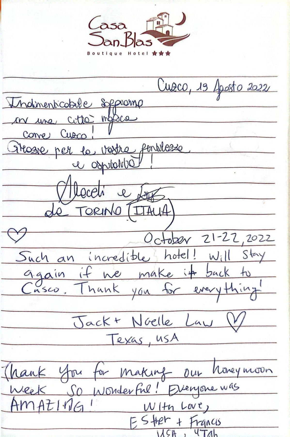 A guest's handwritten testimonial