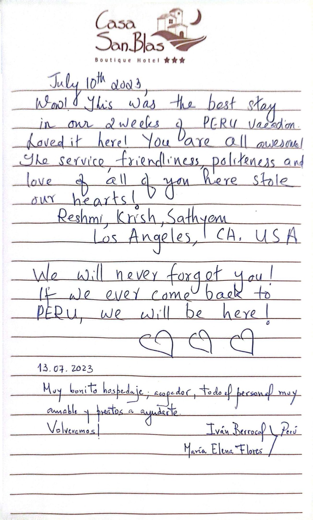 A guest's handwritten testimonial
