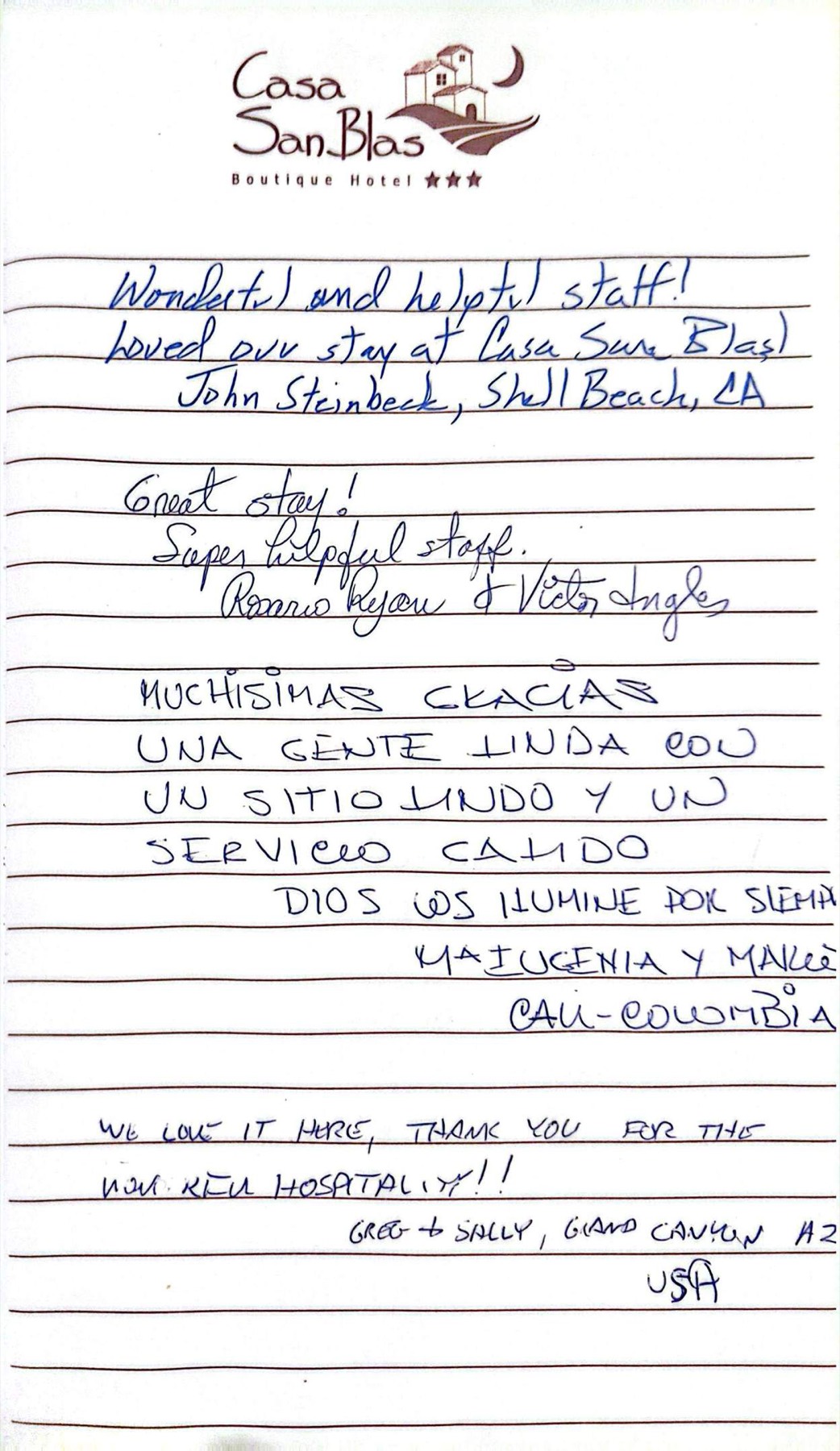 A guest's handwritten testimonial