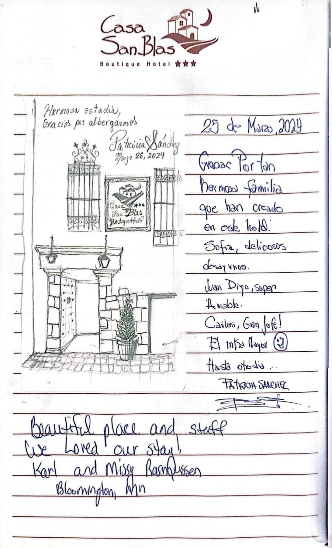 A guest's handwritten testimonial