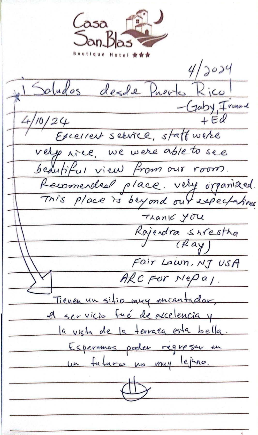 A guest's handwritten testimonial