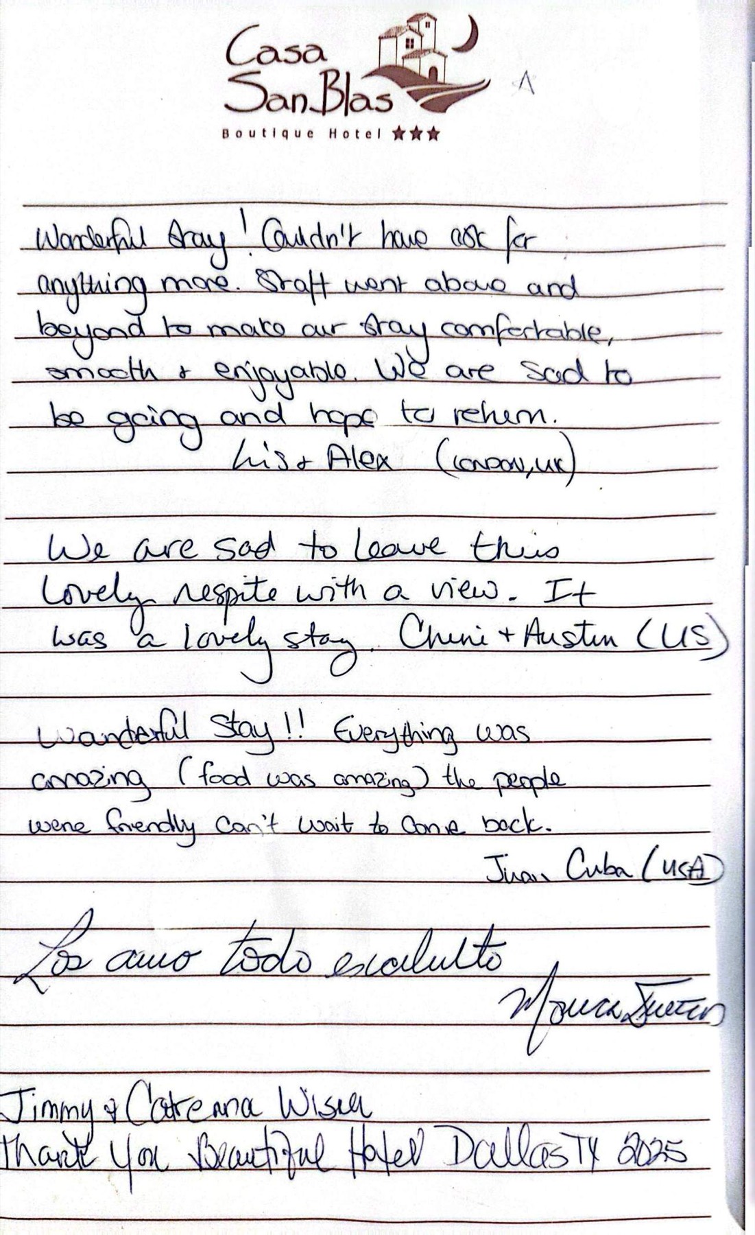 A guest's handwritten testimonial