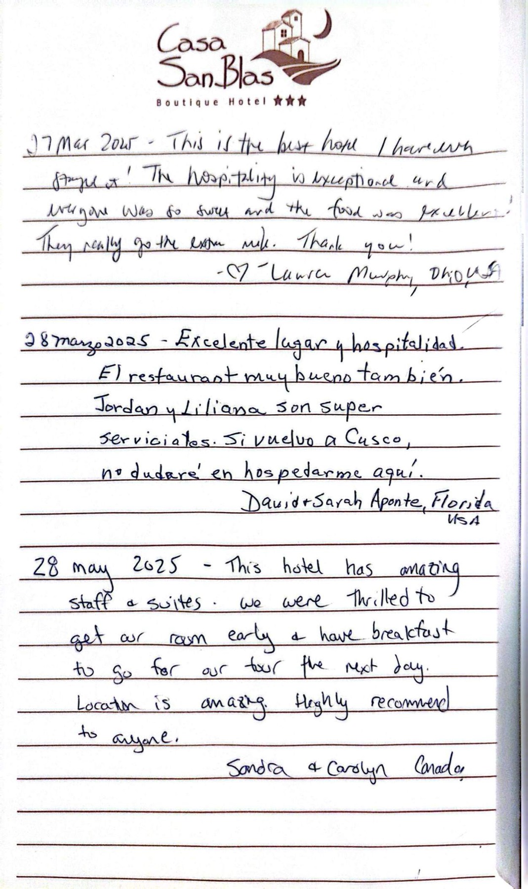 A guest's handwritten testimonial
